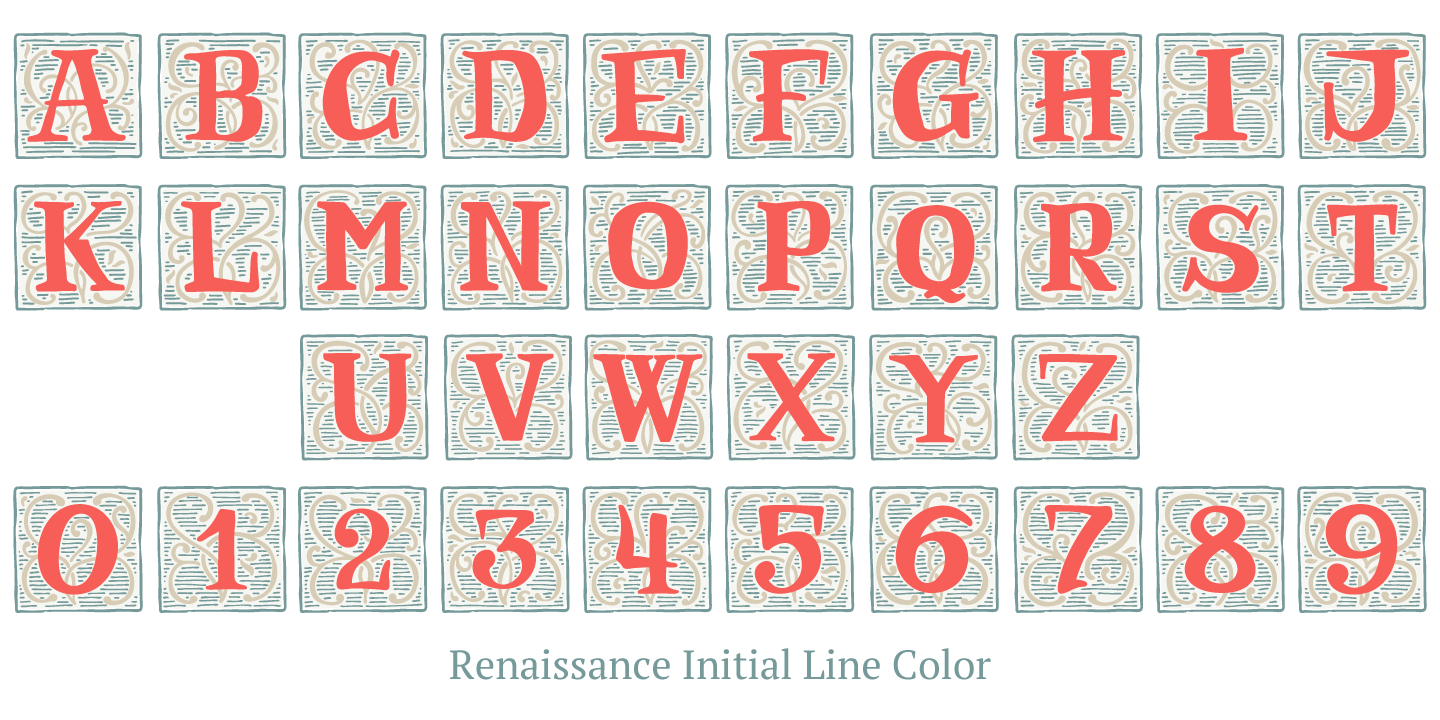 Beispiel einer Renaissance Initial Dots Color-Schriftart